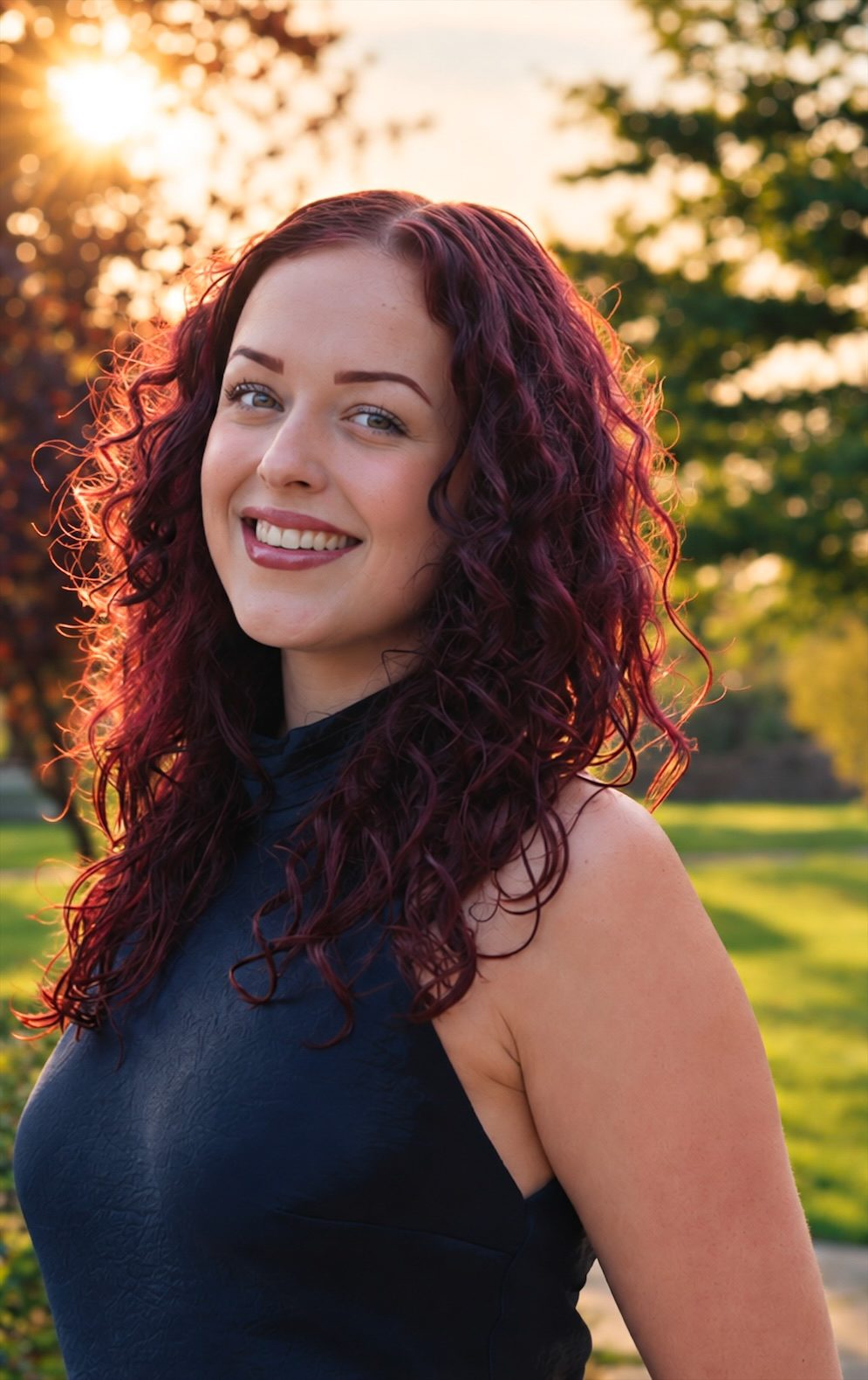 Lachende jonge vrouw met lang, krullend rood haar in het tegenlicht van de ondergaande zon